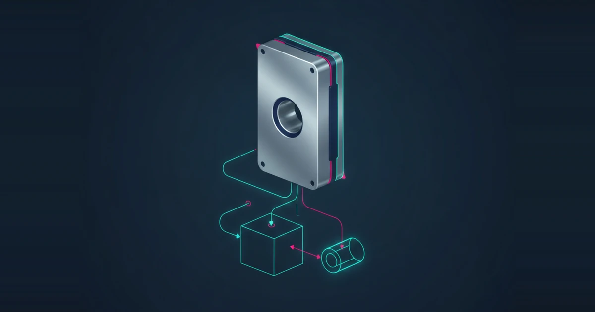AI concept illustration: Housing composed from a block and cylindrical cutting tool