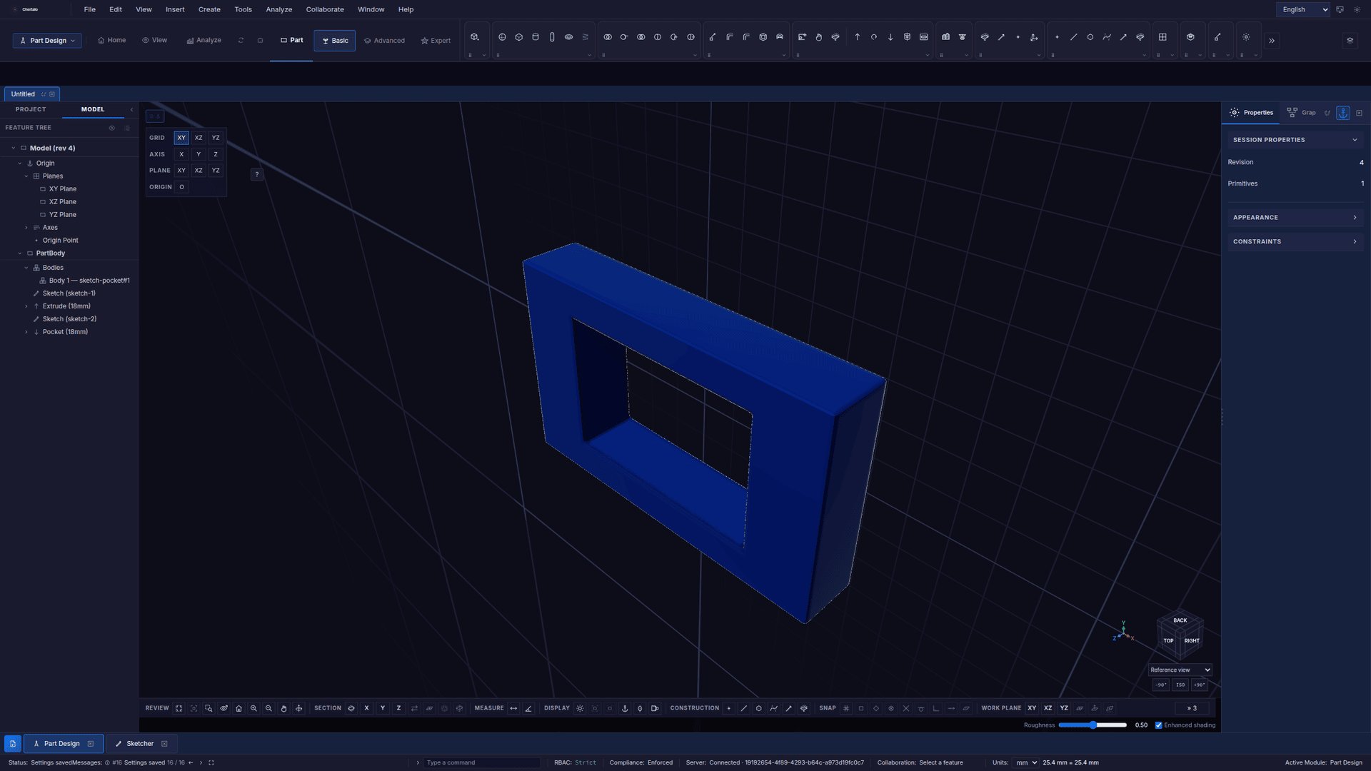Chertalo — Part Design: a sketch extruded, then pocketed, with the whole feature history in the tree.